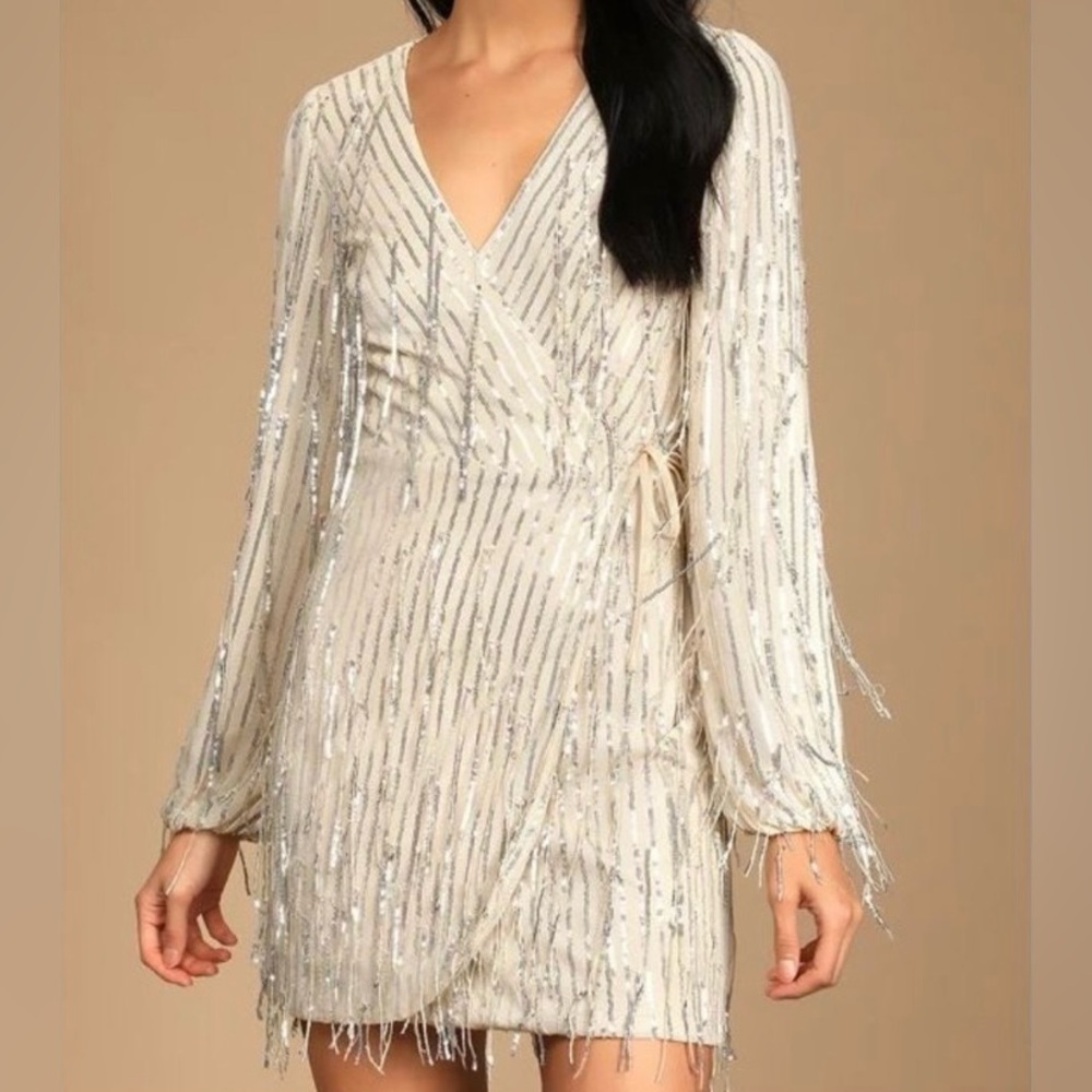 Lulu's Puttin' on the Glitz Sequins Fringe Wrap Dress Size M Party Night out